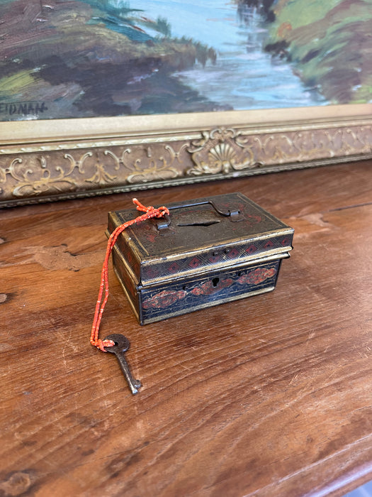 Likely Antique Toleware Painted Tin Lock Box with Key, 19th Century