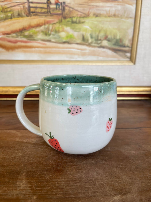 Handmade Wheel-Thrown Ceramic Strawberry Mug with Green Glaze Interior