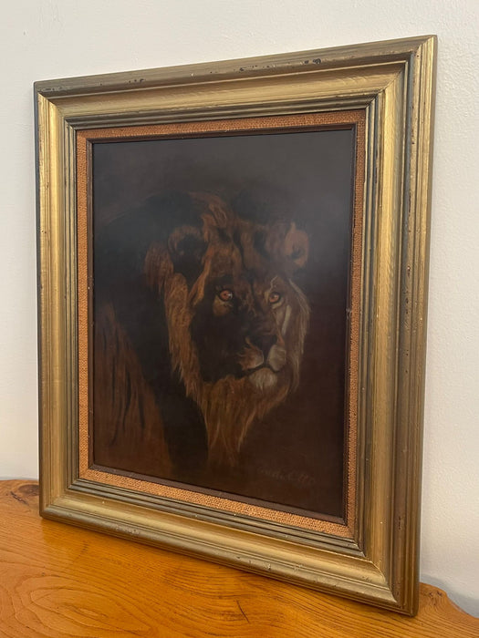 Vintage Judi Otto Original Pastel or Painting of Lion on Brown Velvet