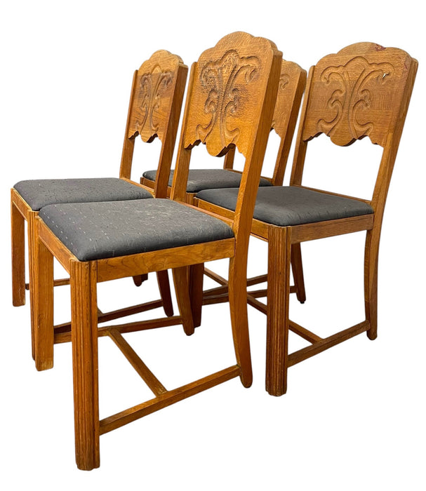 Vintage Set of 4 Carved Dining Chairs with Upholstered Seats.