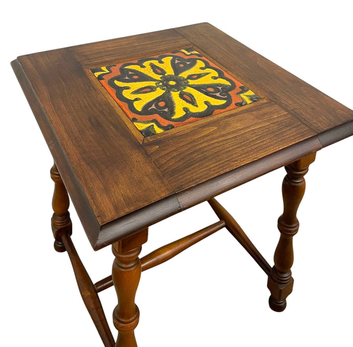 Vintage Tile Top Side Table with Turned legs and Wood Frame