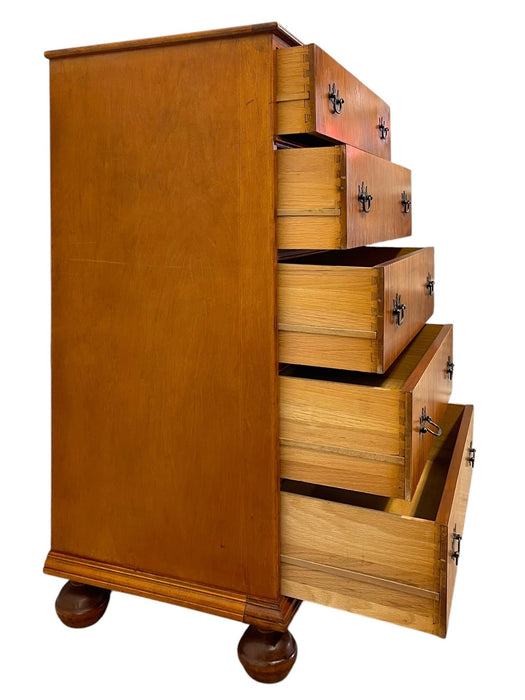 Vintage 5-Drawer Chest with Figured Wood Grain, Dovetailed Drawers and Brass-Toned Hardware
