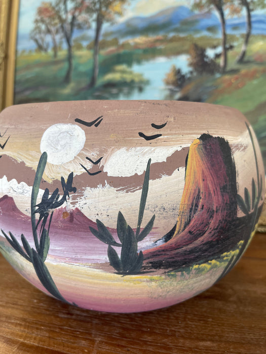 Hand-Painted Terracotta Desert Landscape Pot Marked "Mexico"