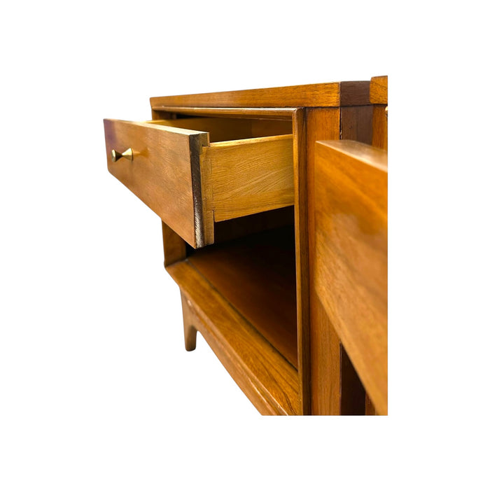 Vintage Mid Century Modern Walnut Nightstands with Sculpted Stretcher Base and Faux Turquoise Handle Inlay- Pair