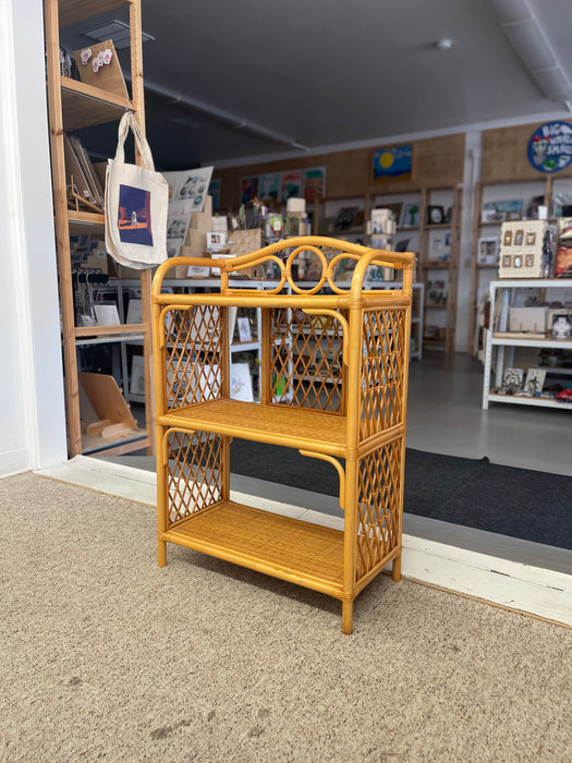 1970s Vintage Likely Rattan and Wicker Shelf with Diamond Lattice Sides and Circle Motif