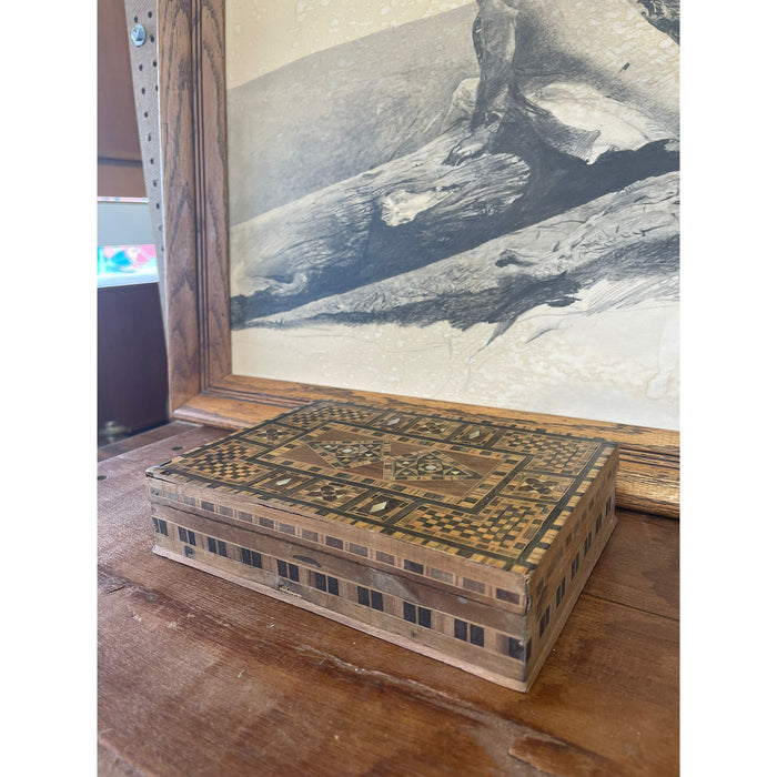 Vintage Wooden Box Inlayed Wooden Mosaic