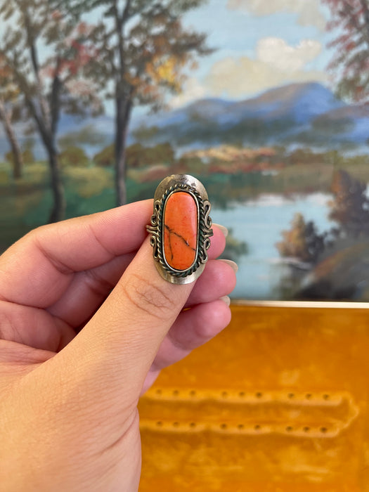 Vintage Adjustable Ring with Oval Orange Stone and Scrollwork Setting