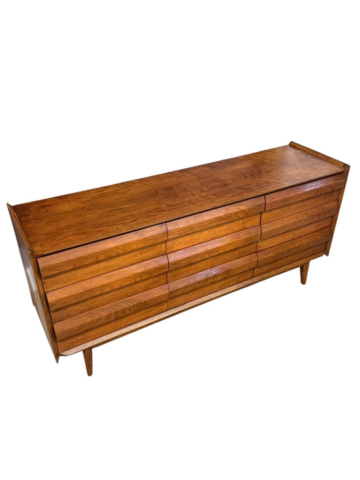 Vintage Mid Century Modern Solid Walnut 9 Drawer Dresser by Lane First Edition