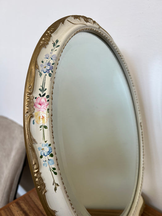 Vintage French Provincial Vanity Tilting Mirror - Hand-Painted Floral Oval Shabby Chic Tabletop with Gold toned accents Hollywood Regency Decor(Available by online purchase only)