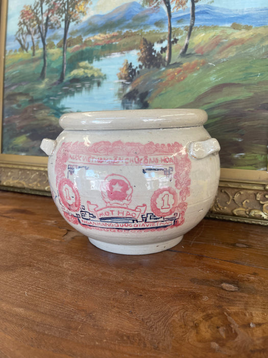 Hand-Painted Vietnamese Studio Pottery Jar Featuring One Hào Currency
Motif, Signed