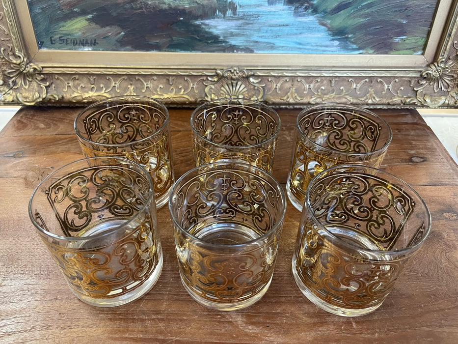 Mid-Century Georges Briard Lowball Glasses - Set of 6 Gold-toned Scroll Double Old Fashioned Tumblers