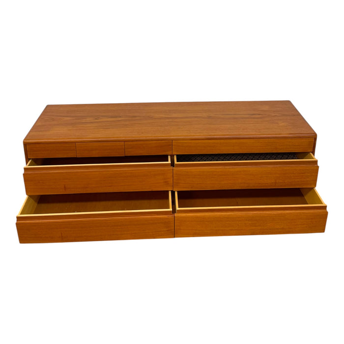 Vintage Mid Century Modern Teak Long Lowboy Double Dresser Credenza.