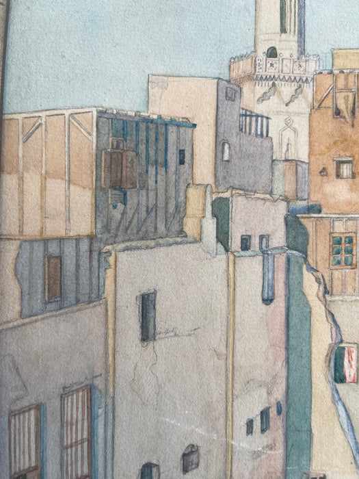 Framed 1922 Watercolor Cityscape of Cairo by O. Sandez - Orientalist Architectural Painting