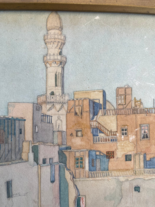 Framed 1922 Watercolor Cityscape of Cairo by O. Sandez - Orientalist Architectural Painting