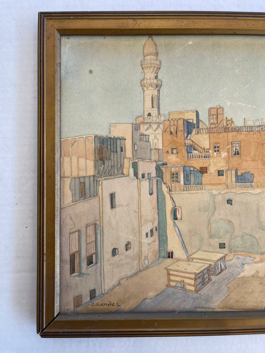 Framed 1922 Watercolor Cityscape of Cairo by O. Sandez - Orientalist Architectural Painting