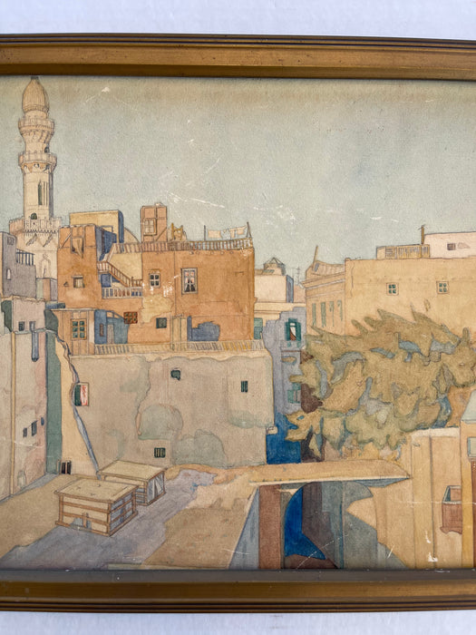 Framed 1922 Watercolor Cityscape of Cairo by O. Sandez - Orientalist Architectural Painting