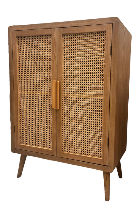 Mid Century Modern Style Tall Wood Cabinet with 2 Woven Cane Doors