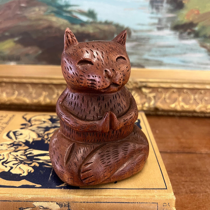 Handmade Solid wood Yoga Cat Sculpture.