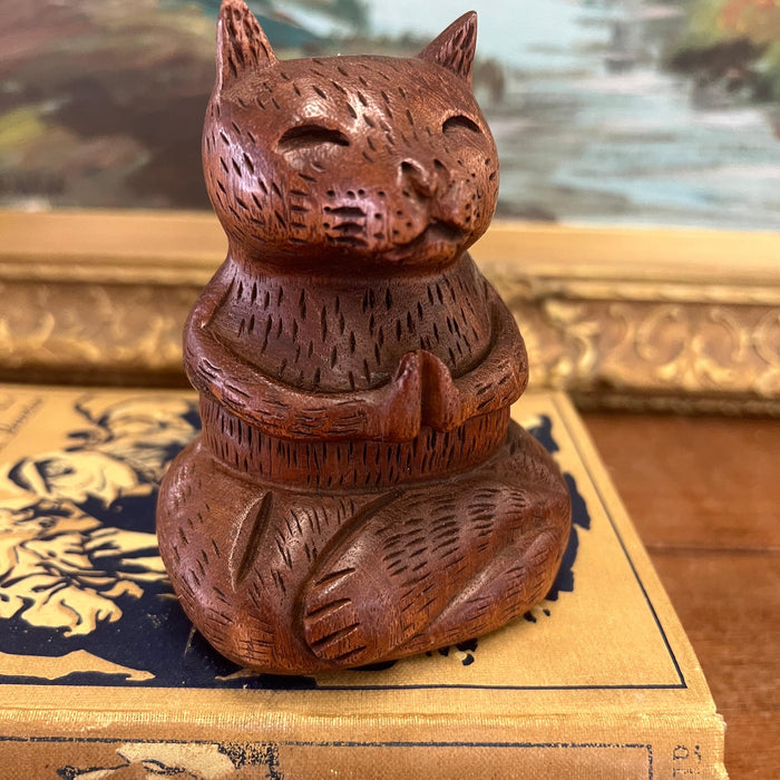 Handmade Solid wood Yoga Cat Sculpture.
