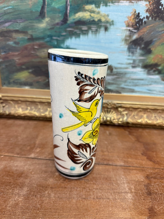 Handpainted Antique Style Vase with Blue & Yellow Birds and Flower Motif Signed Mexico on the bottom