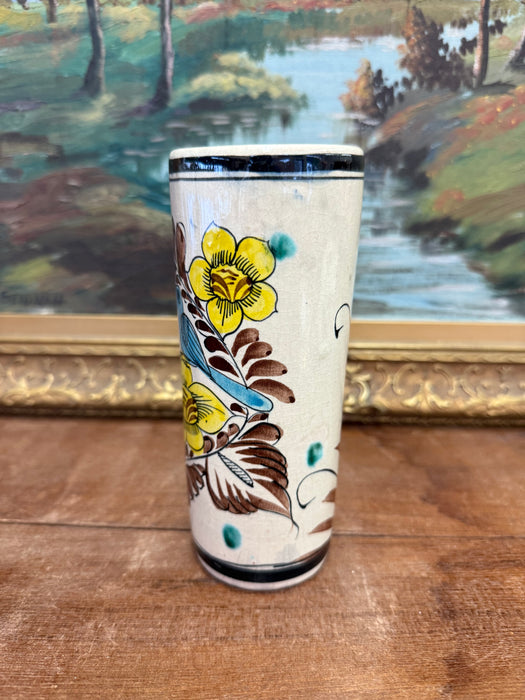 Handpainted Antique Style Vase with Blue & Yellow Birds and Flower Motif Signed Mexico on the bottom