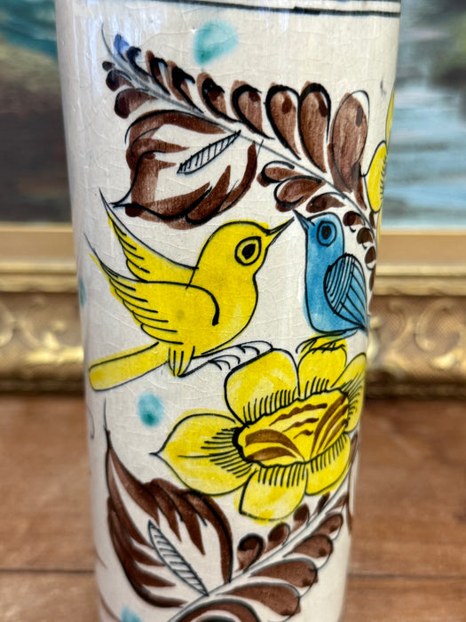Handpainted Antique Style Vase with Blue & Yellow Birds and Flower Motif Signed Mexico on the bottom
