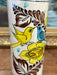 Handpainted Antique Style Vase with Blue & Yellow Birds and Flower Motif Signed Mexico on the bottom
