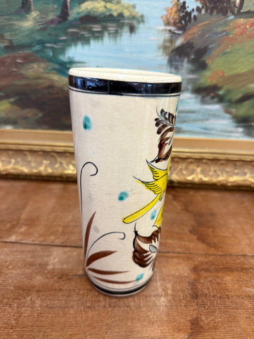 Handpainted Antique Style Vase with Blue & Yellow Birds and Flower Motif Signed Mexico on the bottom