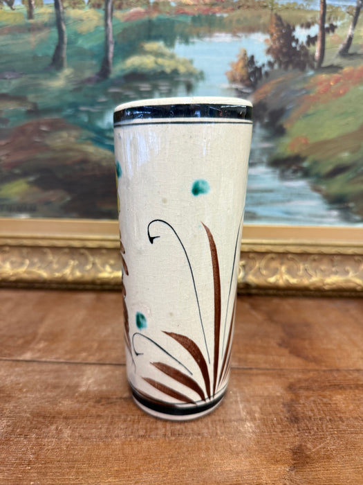 Handpainted Antique Style Vase with Blue & Yellow Birds and Flower Motif Signed Mexico on the bottom