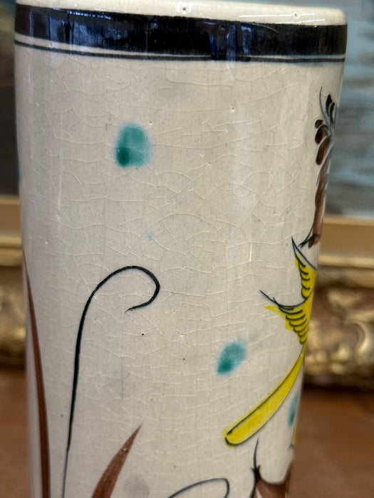Handpainted Antique Style Vase with Blue & Yellow Birds and Flower Motif Signed Mexico on the bottom