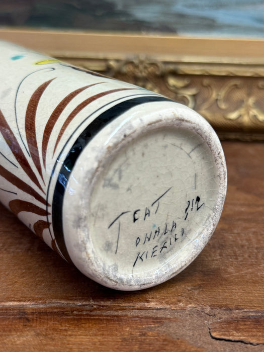 Handpainted Antique Style Vase with Blue & Yellow Birds and Flower Motif Signed Mexico on the bottom