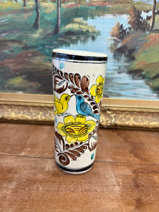 Handpainted Antique Style Vase with Blue & Yellow Birds and Flower Motif Signed Mexico on the bottom