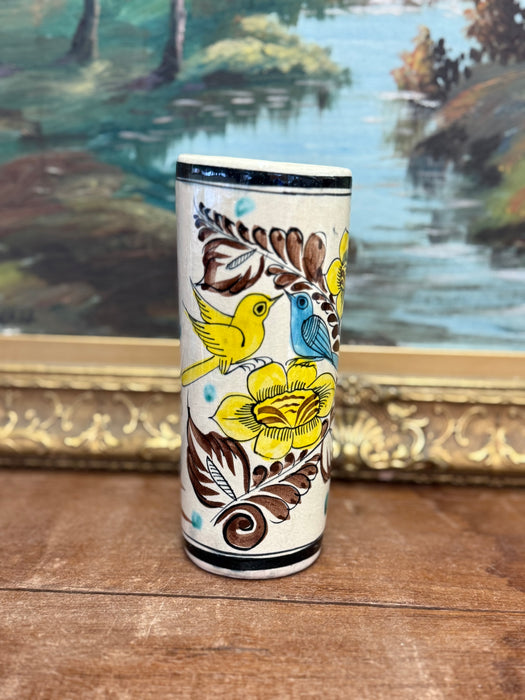 Handpainted Antique Style Vase with Blue & Yellow Birds and Flower Motif Signed Mexico on the bottom
