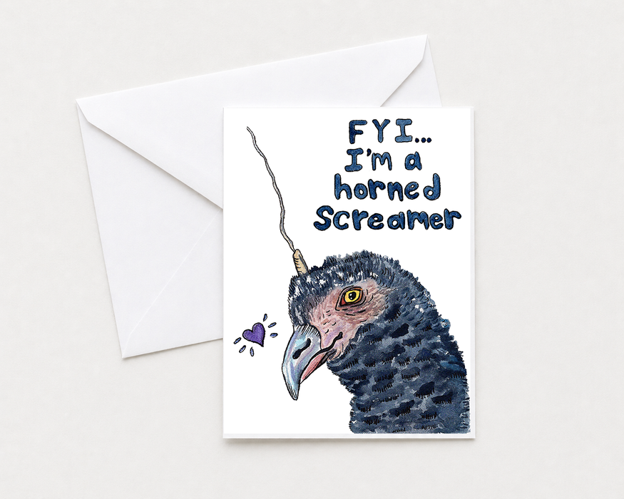Horned Screamer Funny Bird Card – Quirky Animal Greeting Card, Bird Lover Gift, 5x7 Blank Inside