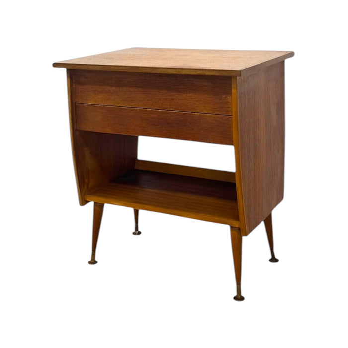 Vintage Mid-Century Modern Italian Style Flip-Top Sewing Table / Nightstand with Brass Finished Capped Legs