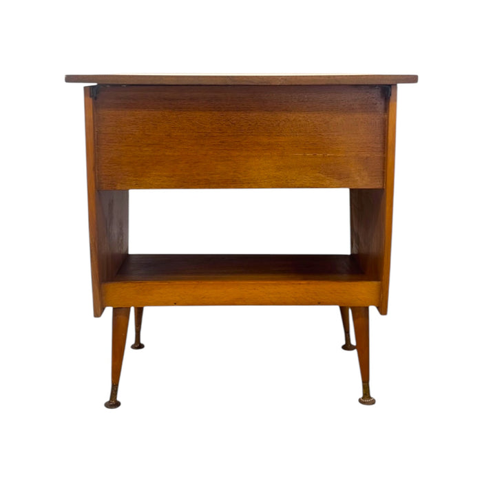 Vintage Mid-Century Modern Italian Style Flip-Top Sewing Table / Nightstand with Brass Finished Capped Legs