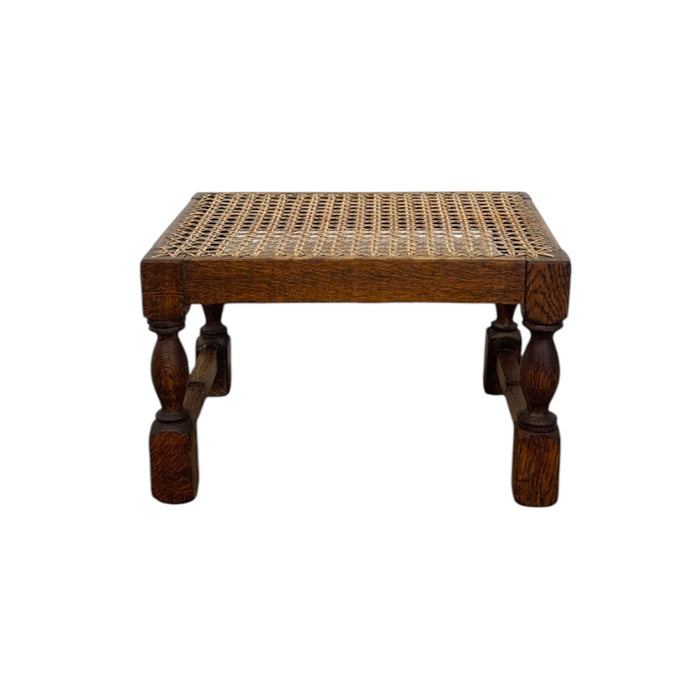 Vintage English Oak Footstool with Woven Cane Top and Turned Legs(Available by online purchase only)
