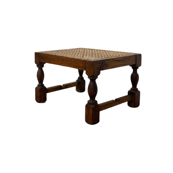 Vintage English Oak Footstool with Woven Cane Top and Turned Legs(Available by online purchase only)