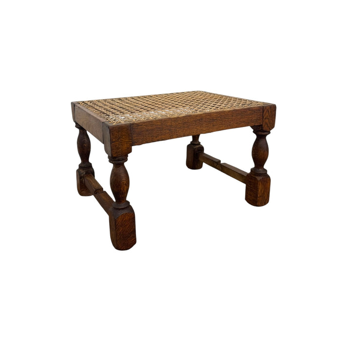 Vintage English Oak Footstool with Woven Cane Top and Turned Legs(Available by online purchase only)