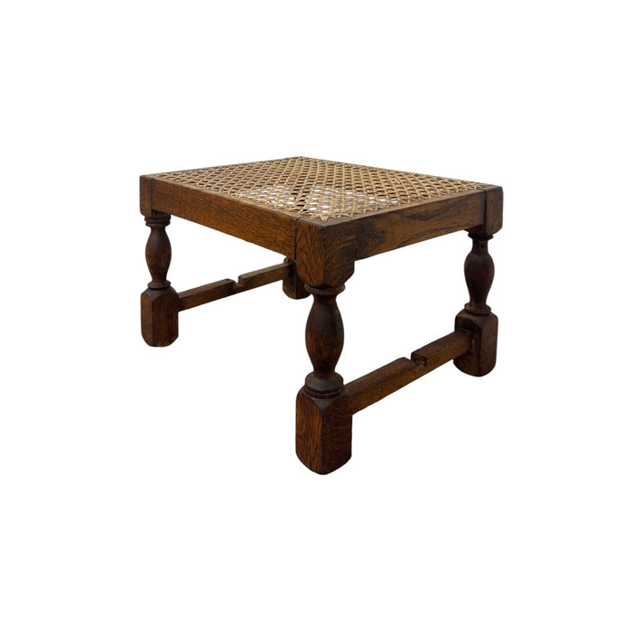 Vintage English Oak Footstool with Woven Cane Top and Turned Legs(Available by online purchase only)