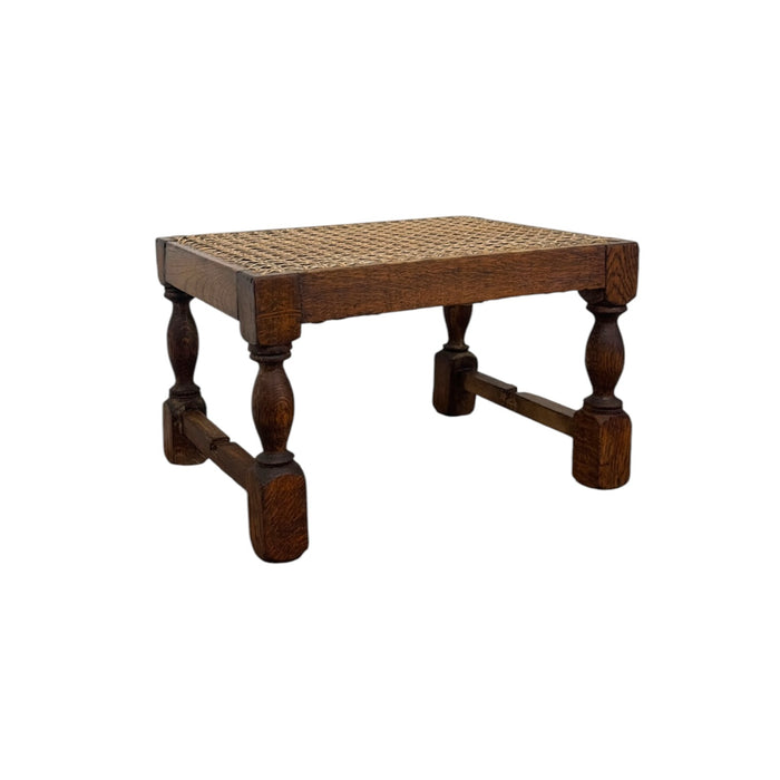 Vintage English Oak Footstool with Woven Cane Top and Turned Legs(Available by online purchase only)