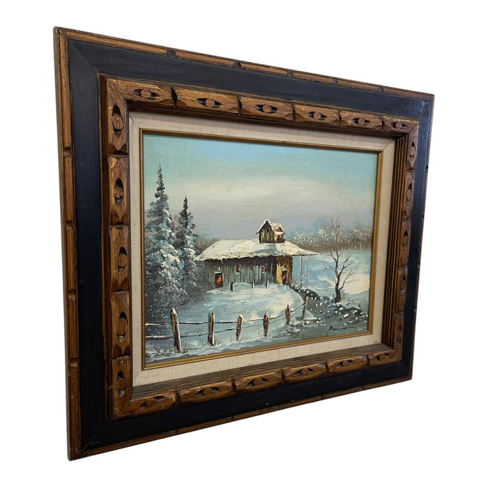 Vintage Signed Winter Landscape Oil Painting on Canvas in Hand-Carved Wood Frame, Rustic Snow Cabin Scene.