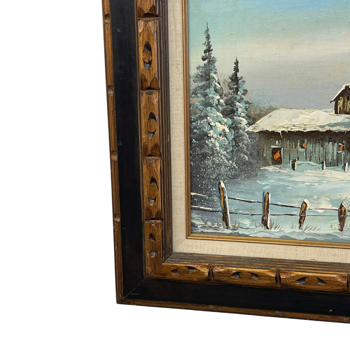 Vintage Signed Winter Landscape Oil Painting on Canvas in Hand-Carved Wood Frame, Rustic Snow Cabin Scene.