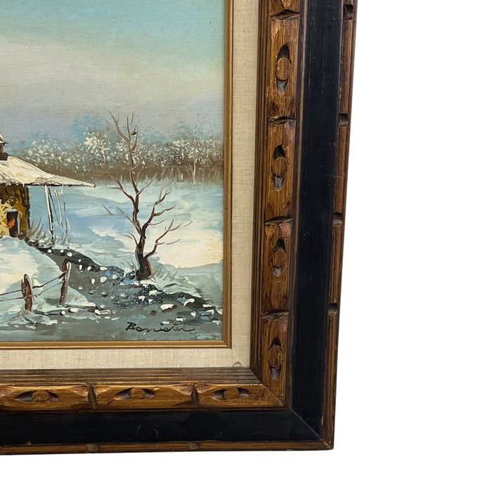 Vintage Signed Winter Landscape Oil Painting on Canvas in Hand-Carved Wood Frame, Rustic Snow Cabin Scene.