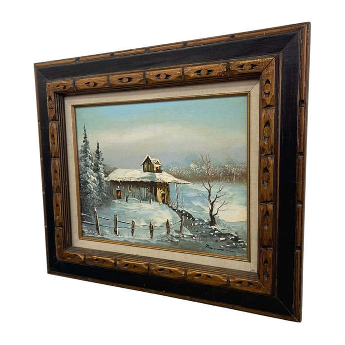 Vintage Signed Winter Landscape Oil Painting on Canvas in Hand-Carved Wood Frame, Rustic Snow Cabin Scene.