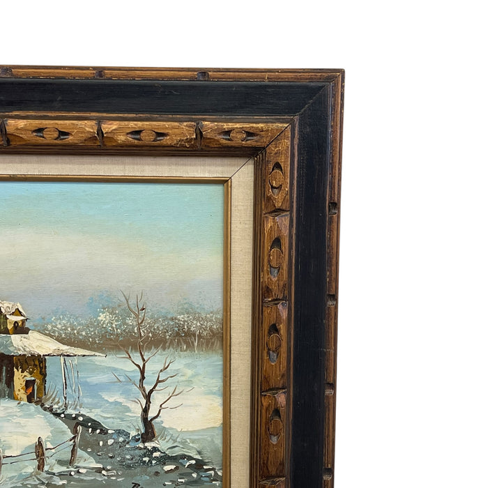 Vintage Signed Winter Landscape Oil Painting on Canvas in Hand-Carved Wood Frame, Rustic Snow Cabin Scene.