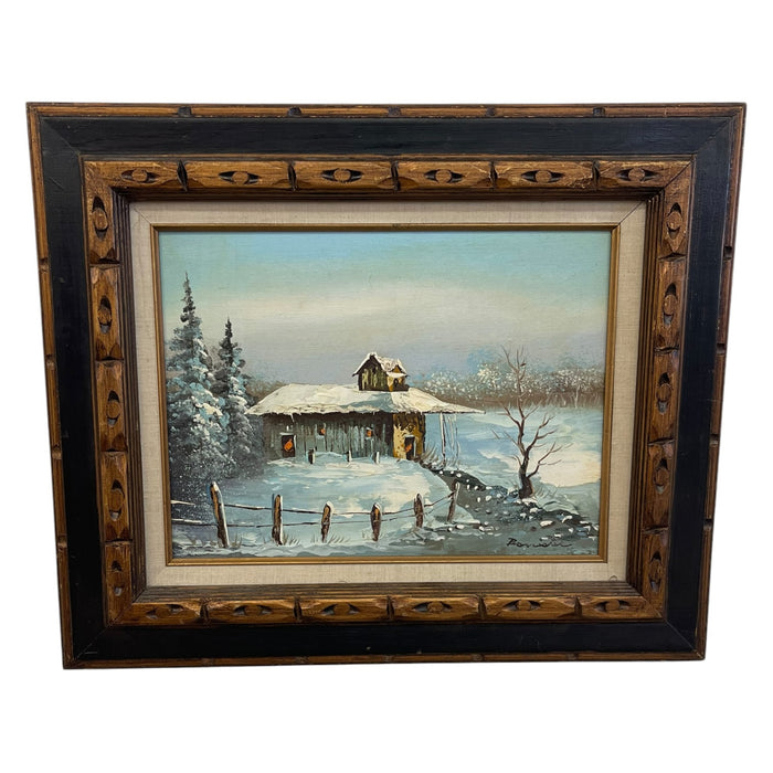 Vintage Signed Winter Landscape Oil Painting on Canvas in Hand-Carved Wood Frame, Rustic Snow Cabin Scene.