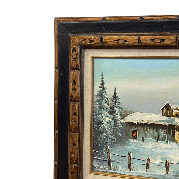 Vintage Signed Winter Landscape Oil Painting on Canvas in Hand-Carved Wood Frame, Rustic Snow Cabin Scene.