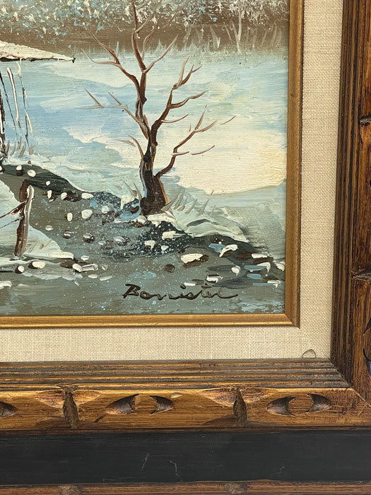 Vintage Signed Winter Landscape Oil Painting on Canvas in Hand-Carved Wood Frame, Rustic Snow Cabin Scene.