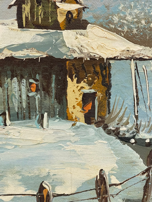 Vintage Signed Winter Landscape Oil Painting on Canvas in Hand-Carved Wood Frame, Rustic Snow Cabin Scene.